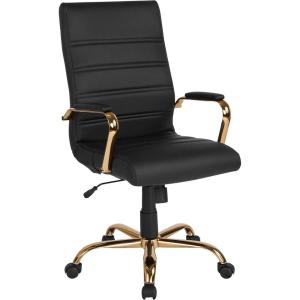 Flash Furniture Whitney High-Back Swivel LeatherSoft Desk Chair with Padded Seat and Armrests, Adjustable Height Padded Office Chair, Black/Gold(Black Leathersoft/Gold Frame)