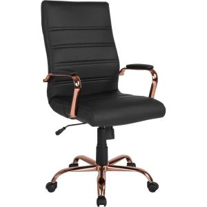 Flash Furniture Whitney High-Back Swivel LeatherSoft Desk Chair with Padded Seat and Armrests, Adjustable Height Padded Office Chair, Black/Gold(Black Leathersoft/Rose Gold Frame)