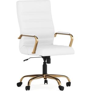 Flash Furniture Whitney High-Back Swivel LeatherSoft Desk Chair with Padded Seat and Armrests, Adjustable Height Padded Office Chair, Black/Gold(White Leathersoft/Gold Frame)