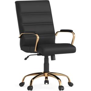 Flash Furniture Whitney Mid-Back Swivel LeatherSoft Desk Chair with Padded Seat and Armrests, Adjustable Height Padded Office Chair, Black(Black Leathersoft/Gold Frame)