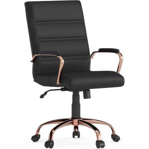Flash Furniture Whitney Mid-Back Swivel LeatherSoft Desk Chair with Padded Seat and Armrests, Adjustable Height Padded Office Chair, Black(Black Leathersoft/Rose Gold Frame)
