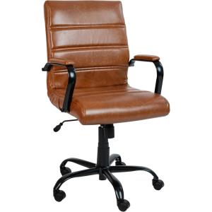 Flash Furniture Whitney Mid-Back Swivel LeatherSoft Desk Chair with Padded Seat and Armrests, Adjustable Height Padded Office Chair, Black(Brown/Black Frame)