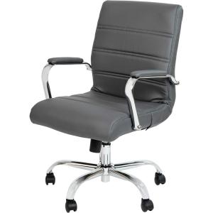 Flash Furniture Whitney Mid-Back Swivel LeatherSoft Desk Chair with Padded Seat and Armrests, Adjustable Height Padded Office Chair, Black(Gray/Chrome Frame)