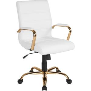 Flash Furniture Whitney Mid-Back Swivel LeatherSoft Desk Chair with Padded Seat and Armrests, Adjustable Height Padded Office Chair, Black(White Leathersoft/Gold Frame)
