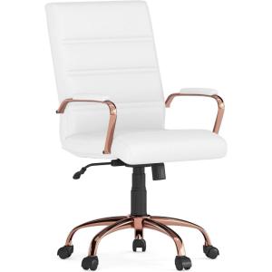 Flash Furniture Whitney Mid-Back Swivel LeatherSoft Desk Chair with Padded Seat and Armrests, Adjustable Height Padded Office Chair, Black(White Leathersoft/Rose Gold Frame)