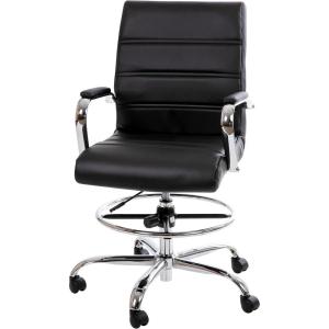 Flash Furniture Whitney Mid-Back Swivel LeatherSoft Drafting Chair with Padded Seat, Armrests, and Foot Ring, Adjustable Office Chair, White/Chrome(Black)