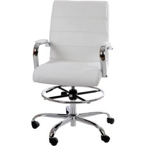 Flash Furniture Whitney Mid-Back Swivel LeatherSoft Drafting Chair with Padded Seat, Armrests, and Foot Ring, Adjustable Office Chair, White/Chrome(White)