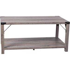 Flash Furniture Wyatt Modern Farmhouse 2 Tier Coffee Table – Rustic Oak Engineered Wood Frame – Black Metal Crisscross Side Braces and Corner Accents(Gray Wash)