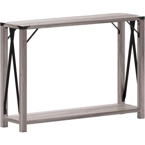 Flash Furniture Wyatt Modern Farmhouse 2 Tier Console Table – Gray Wash Engineered Wood Frame – Black Metal Crisscross Side Braces and Corner Accents(Gray Wash)