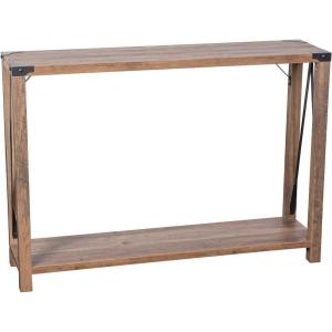 Flash Furniture Wyatt Modern Farmhouse 2 Tier Console Table – Gray Wash Engineered Wood Frame – Black Metal Crisscross Side Braces and Corner Accents(Rustic Oak)