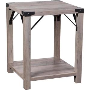Flash Furniture Wyatt Modern Farmhouse 2 Tier Side Table – Rustic Oak Engineered Wood Frame – Black Metal Crisscross Side Braces and Corner Accents(Gray Wash)