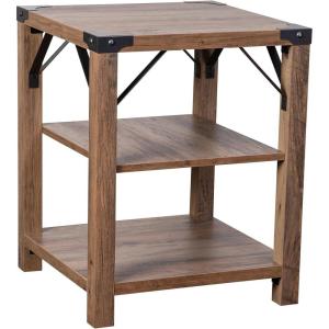 Flash Furniture Wyatt Modern Farmhouse 3 Tier Side Table – Gray Wash Engineered Wood Frame – Black Metal Crisscross Side Braces and Corner Accents(Rustic Oak)