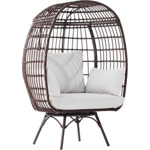 Flash Furniture Zola Commercial Indoor/Outdoor Swivel Lounge Chair, Oversized Wicker Egg Chair, 360 Degree Swivel, High Back, 4 Cushions, Cream/Brown(Cream Cushions/Brown Frame)