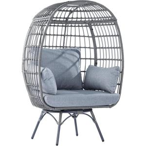 Flash Furniture Zola Commercial Indoor/Outdoor Swivel Lounge Chair, Oversized Wicker Egg Chair, 360 Degree Swivel, High Back, 4 Cushions, Cream/Brown(Gray Cushions/Gray Frame)