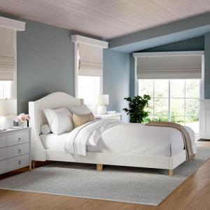 Martha Stewart Amelia Platform Bed with Curved Headboard and Cushioned Side Rails, Boucle Upholstery, Wood Slat Foundation, No Box Spring Needed, Queen, Off-White Boucle(Off-white Boucle/Light Beech Legs)