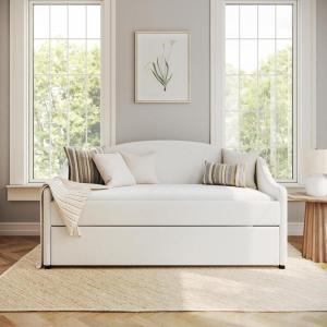 Martha Stewart Anya Twin Size Trundle Bed, Upholstered Daybed with Arched Siderail and Pull-Out Trundle, Space-Saving Design, Sturdy Wood Frame, No Box Spring Required, Off-White