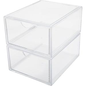 Martha Stewart Brody Desk Organizer with Drawer, Stackable Plastic Desk Storage Box, Organizer for Office, Bathroom, Countertop or Dorm, 6″ x 7.5″, 2 Pack, Clear(6″ x 7.5″)