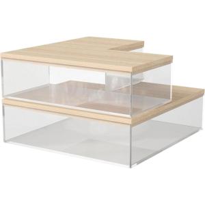 Martha Stewart Brody Plastic Storage Organizer Bins with Engineered Wood Lids for Home Office,-Kitchen, or-Bathroom, 3 Pack, 2-Small/1-Medium, Clear/White(Clear/Light Natural)