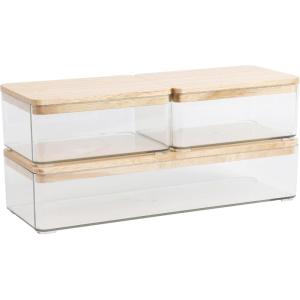 Martha Stewart Grady Clear Plastic Stackable Storage Boxes with White Plastic Lids, Set of 3(Clear/Light Natural Paulownia Top)