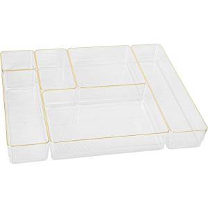 Martha Stewart Kerry Plastic Stackable Office Desk Drawer Organizers, Set of 6, with Gold Trim(Clear/Gold Trim)