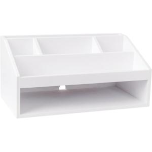 Martha Stewart Weston Wooden Desktop Organizer with Open Lower Storage Compartment, Paulownia Wood Multipurpose Storage Caddy, Light Natural(White)