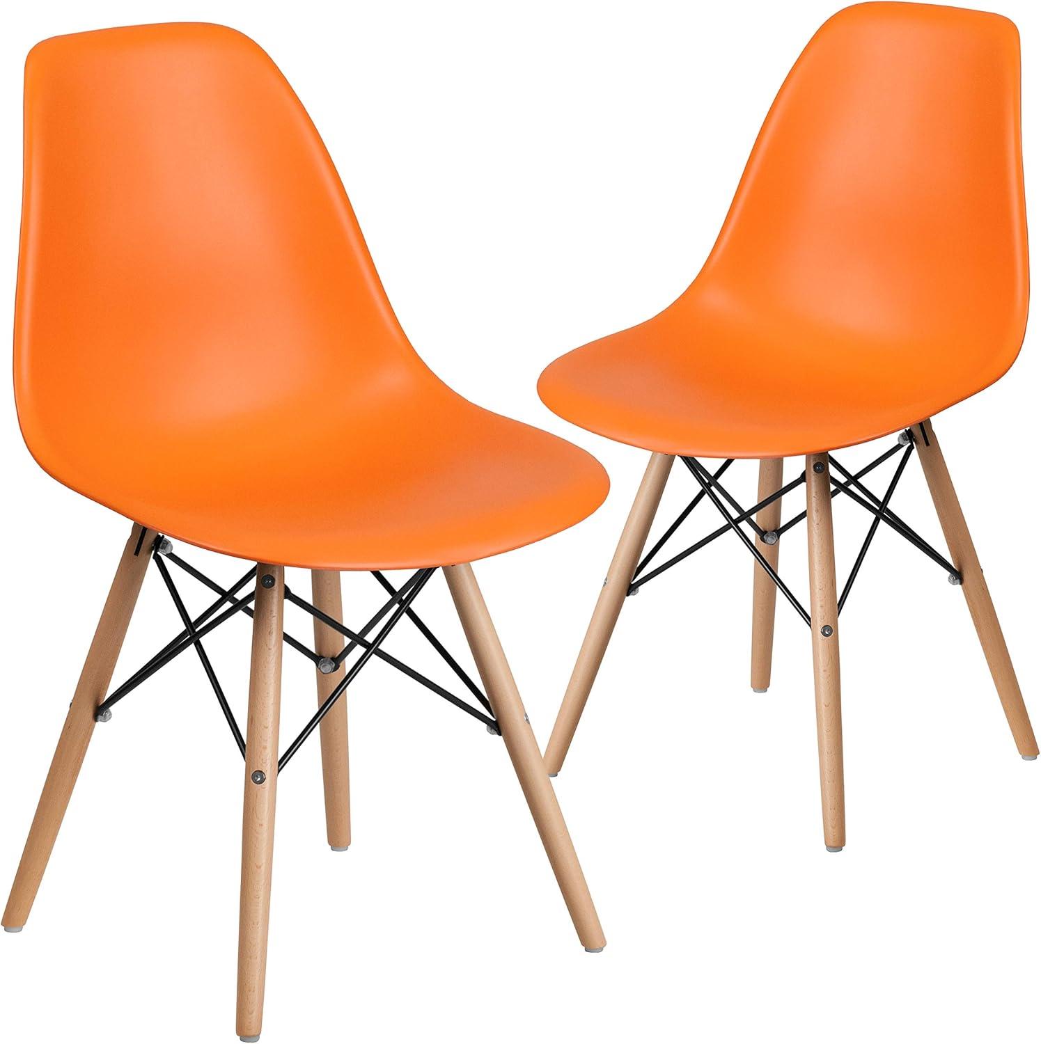 imageFlash Furniture 2 Pack Elon Series Moss Gray Plastic Chair with Wooden Legs for Versatile Kitchen Dining Room Living Room Library or Desk UseOrange