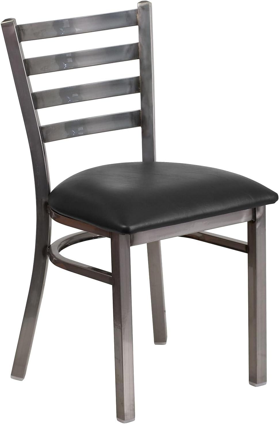 imageFlash Furniture 2 Pack HERCULES Series Clear Coated Ladder Back Metal Restaurant Chair Black Vinyl SeatBlack Vinyl SeatClear Coated Metal Frame