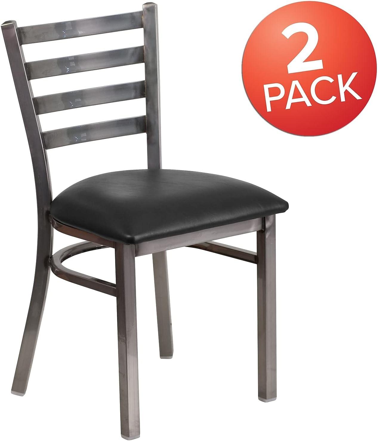 imageFlash Furniture 2 Pack HERCULES Series Clear Coated Ladder Back Metal Restaurant Chair Black Vinyl SeatBlack Vinyl SeatClear Coated Metal Frame