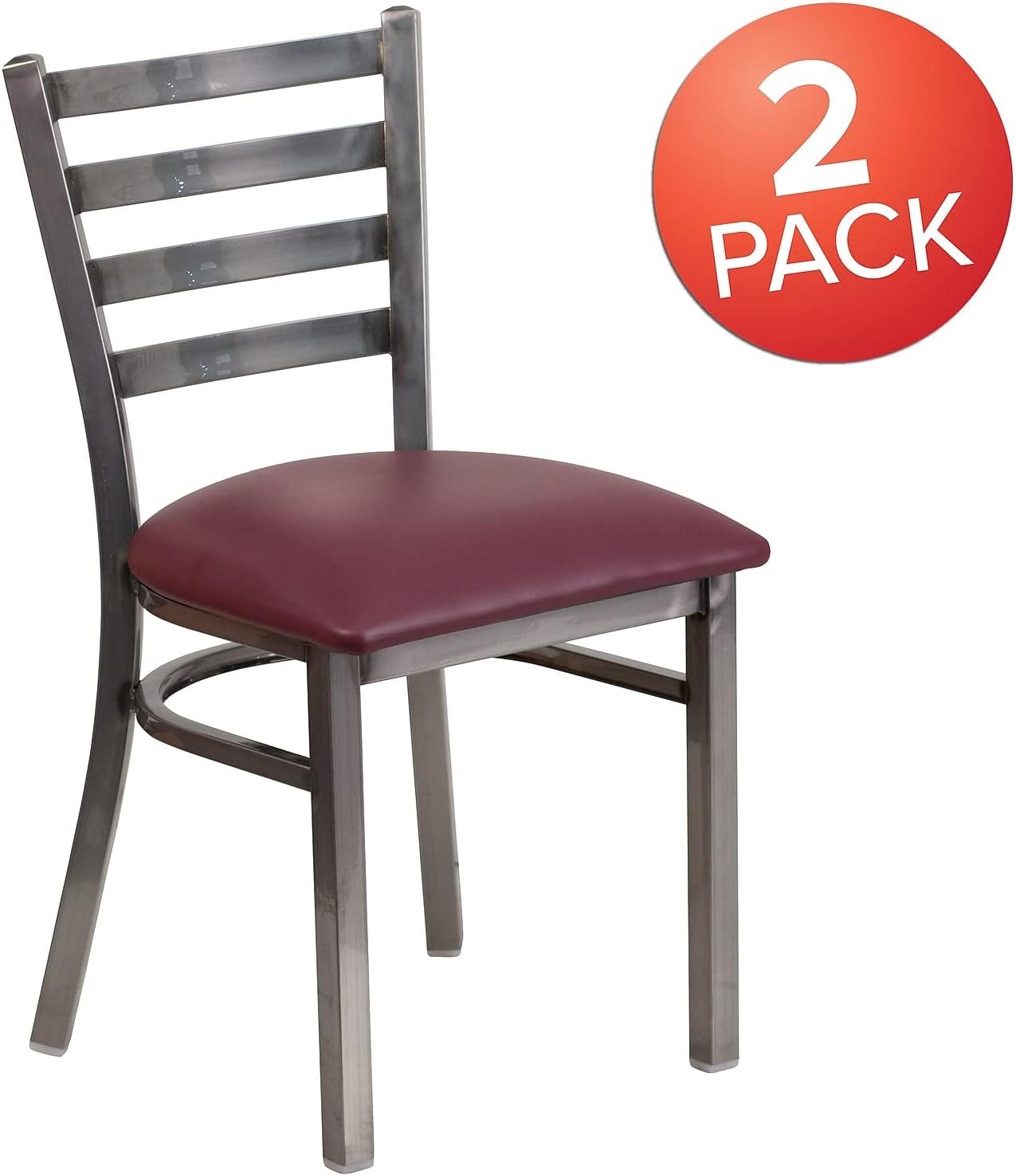 imageFlash Furniture 2 Pack HERCULES Series Clear Coated Ladder Back Metal Restaurant Chair Black Vinyl SeatBurgundy Vinyl SeatClear Coated Metal Frame