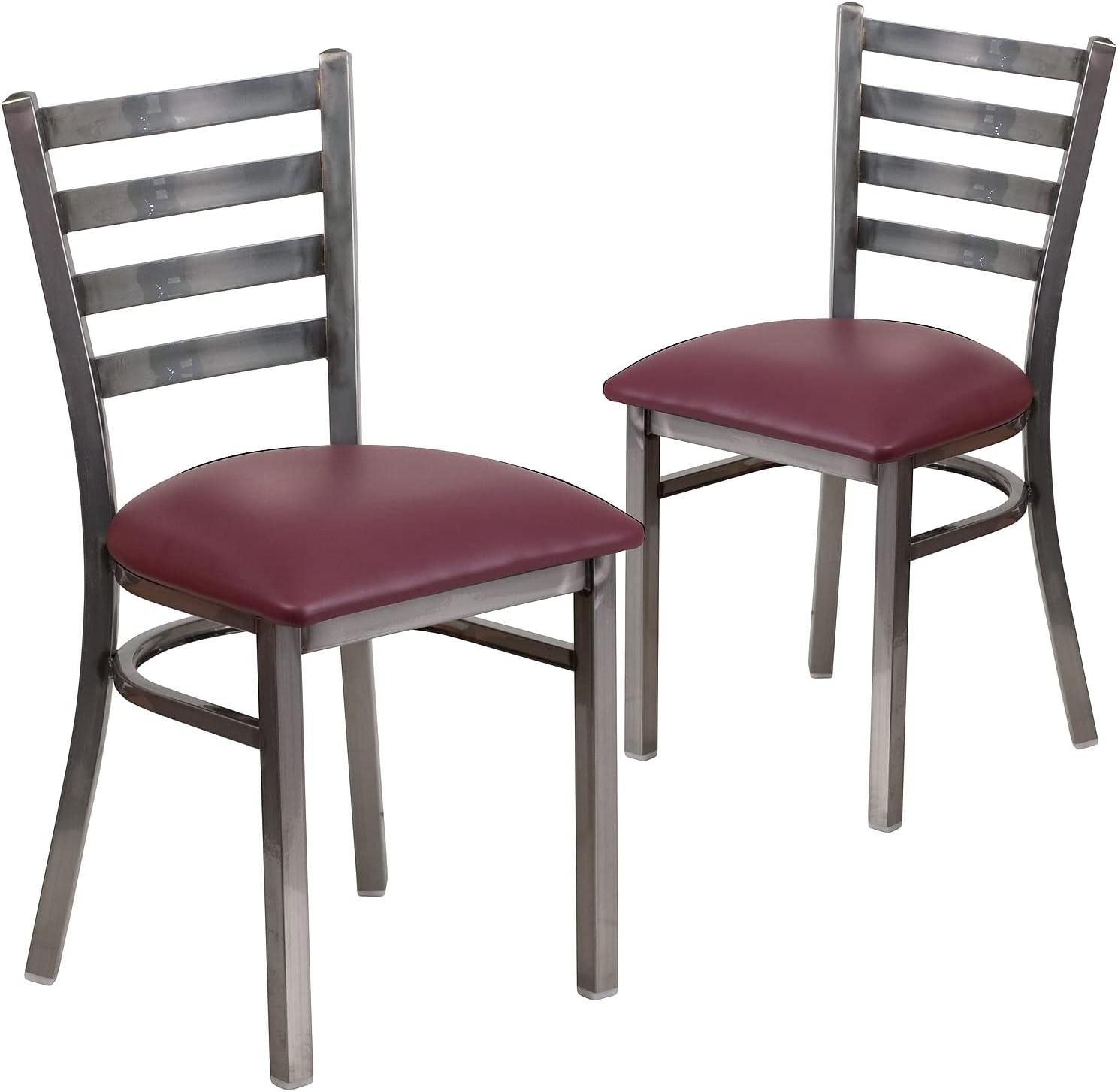 imageFlash Furniture 2 Pack HERCULES Series Clear Coated Ladder Back Metal Restaurant Chair Black Vinyl SeatBurgundy Vinyl SeatClear Coated Metal Frame