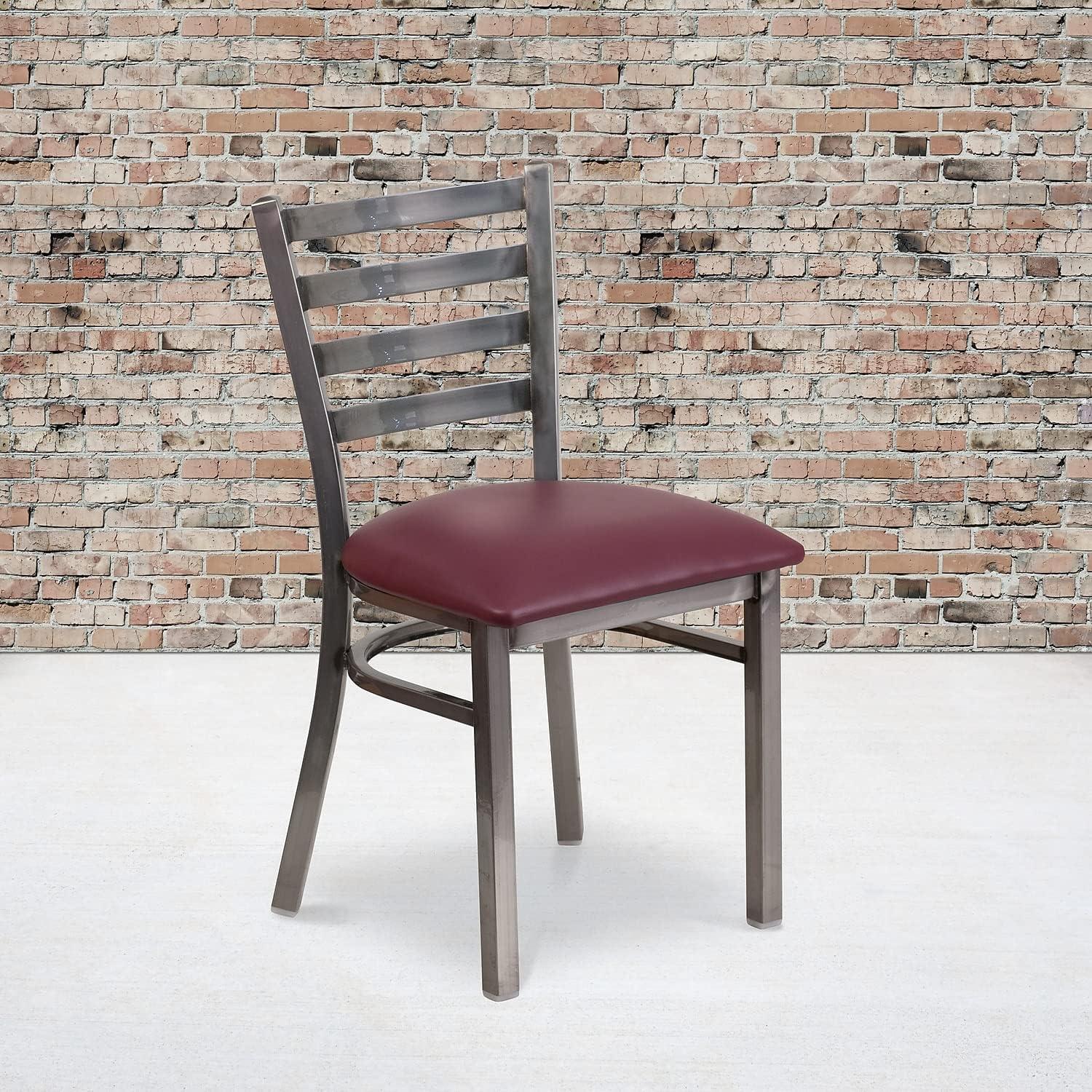 imageFlash Furniture 2 Pack HERCULES Series Clear Coated Ladder Back Metal Restaurant Chair Black Vinyl SeatBurgundy Vinyl SeatClear Coated Metal Frame