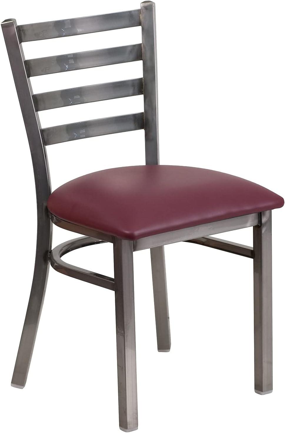 imageFlash Furniture 2 Pack HERCULES Series Clear Coated Ladder Back Metal Restaurant Chair Black Vinyl SeatBurgundy Vinyl SeatClear Coated Metal Frame