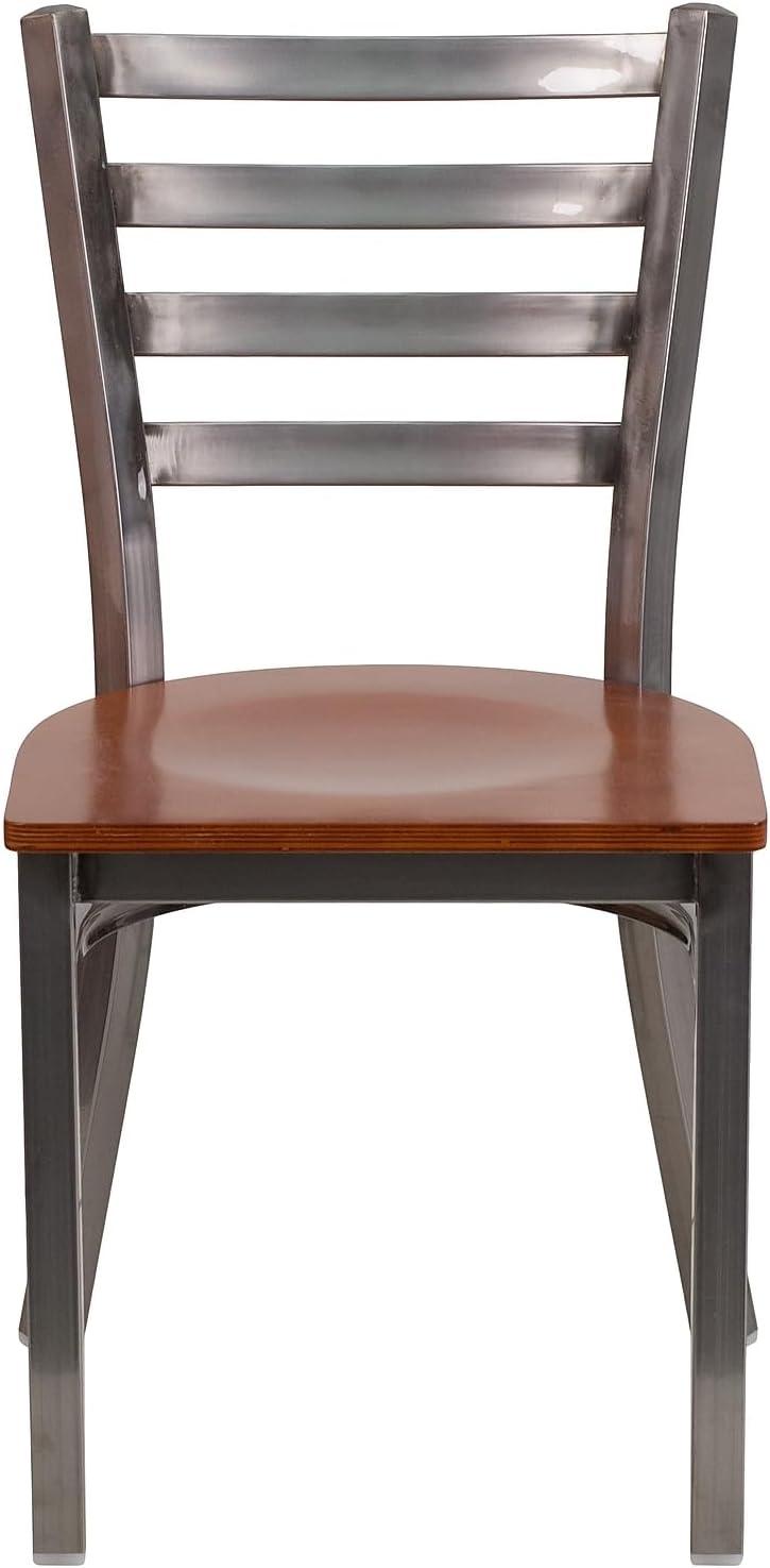 imageFlash Furniture 2 Pack HERCULES Series Clear Coated Ladder Back Metal Restaurant Chair Black Vinyl SeatCherry Wood SeatClear Coated Metal Frame