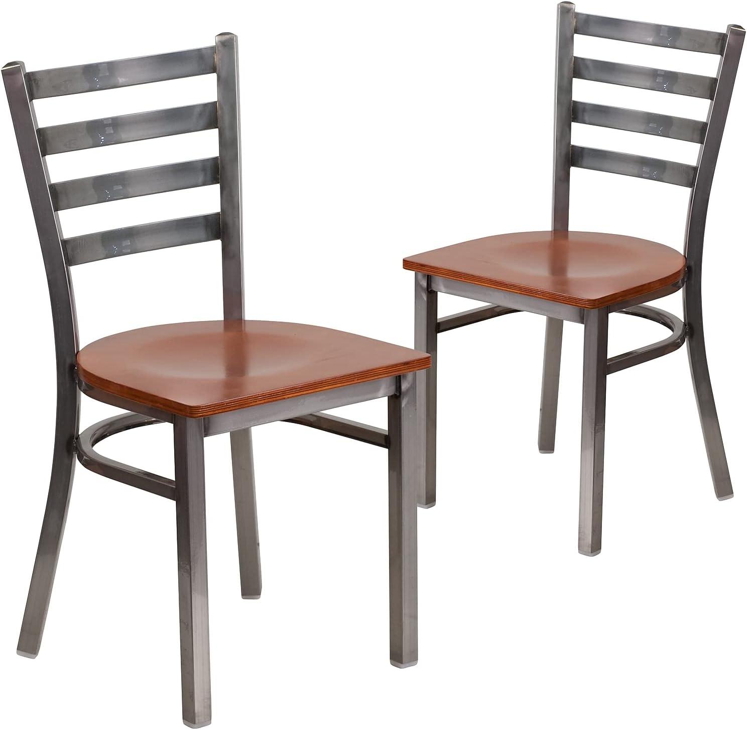 imageFlash Furniture 2 Pack HERCULES Series Clear Coated Ladder Back Metal Restaurant Chair Black Vinyl SeatCherry Wood SeatClear Coated Metal Frame