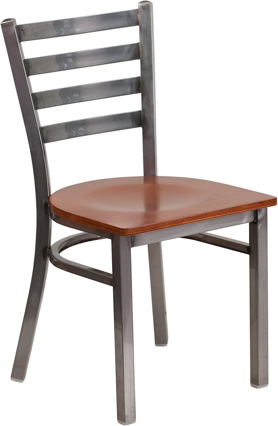 imageFlash Furniture 2 Pack HERCULES Series Clear Coated Ladder Back Metal Restaurant Chair Black Vinyl SeatCherry Wood SeatClear Coated Metal Frame