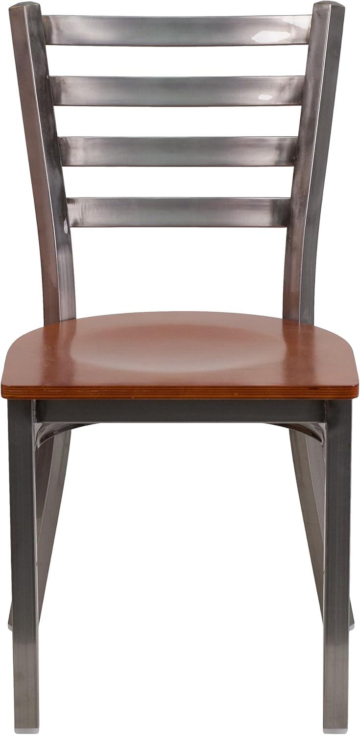 imageFlash Furniture 2 Pack HERCULES Series Clear Coated Ladder Back Metal Restaurant Chair Black Vinyl SeatCherry Wood SeatClear Coated Metal Frame