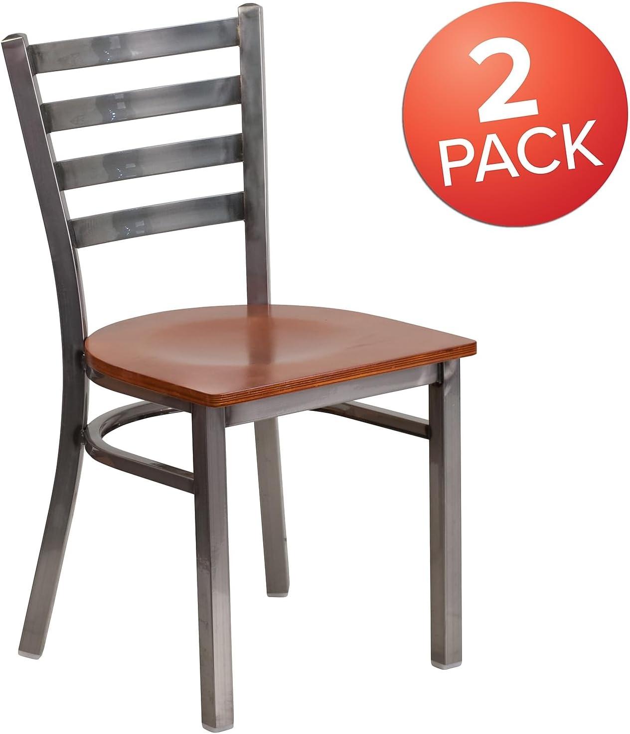 imageFlash Furniture 2 Pack HERCULES Series Clear Coated Ladder Back Metal Restaurant Chair Black Vinyl SeatCherry Wood SeatClear Coated Metal Frame