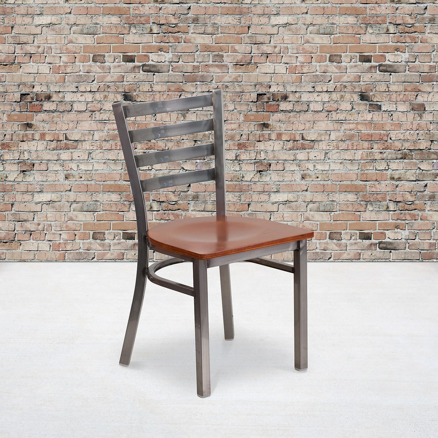 imageFlash Furniture 2 Pack HERCULES Series Clear Coated Ladder Back Metal Restaurant Chair Black Vinyl SeatCherry Wood SeatClear Coated Metal Frame
