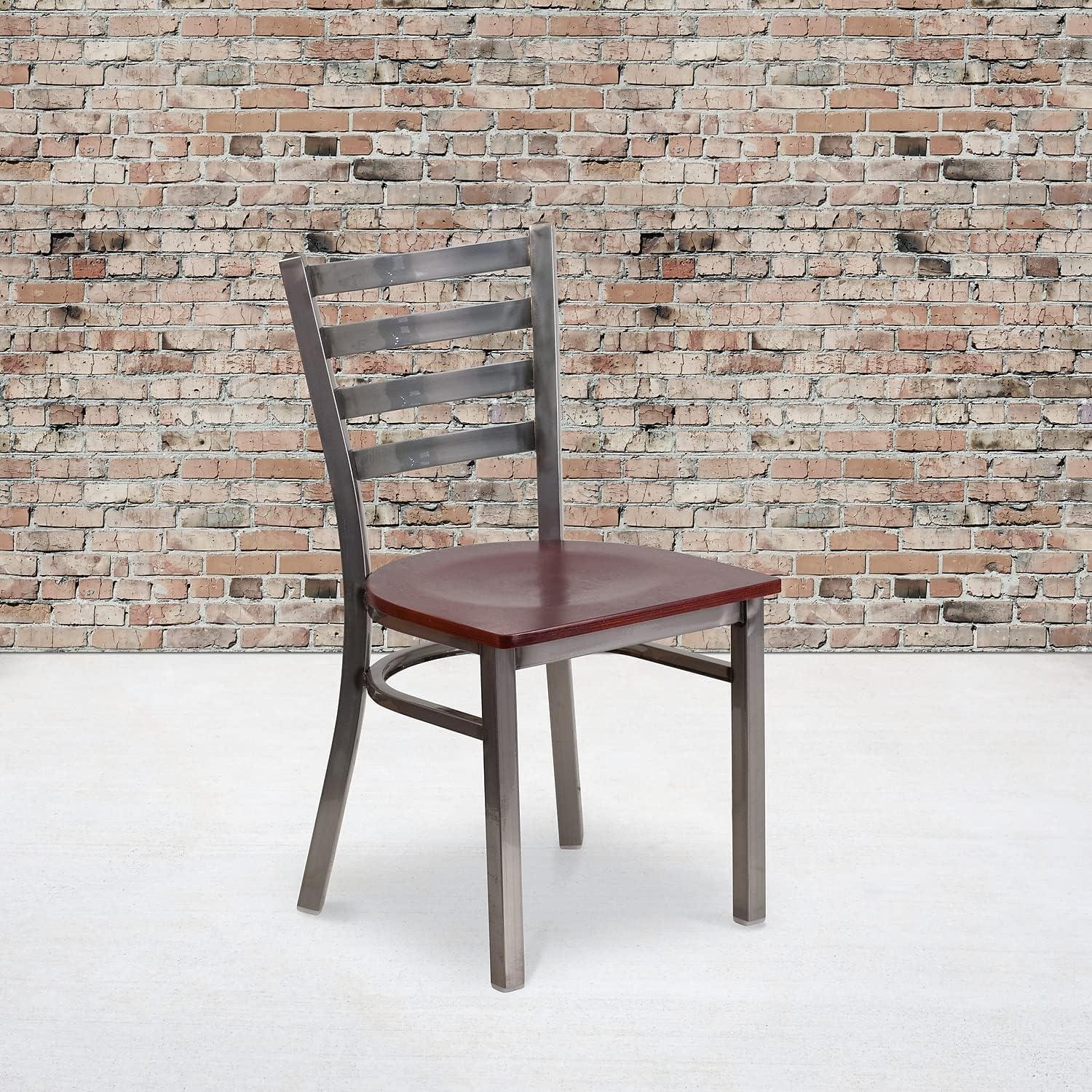 imageFlash Furniture 2 Pack HERCULES Series Clear Coated Ladder Back Metal Restaurant Chair Black Vinyl SeatMahogany Wood SeatClear Coated Metal Frame