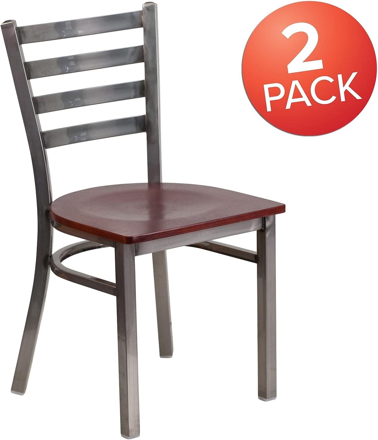 imageFlash Furniture 2 Pack HERCULES Series Clear Coated Ladder Back Metal Restaurant Chair Black Vinyl SeatMahogany Wood SeatClear Coated Metal Frame