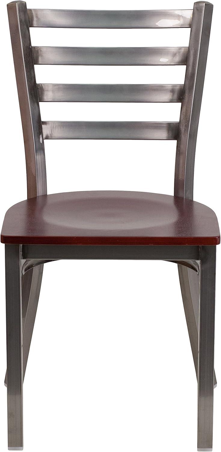 imageFlash Furniture 2 Pack HERCULES Series Clear Coated Ladder Back Metal Restaurant Chair Black Vinyl SeatMahogany Wood SeatClear Coated Metal Frame