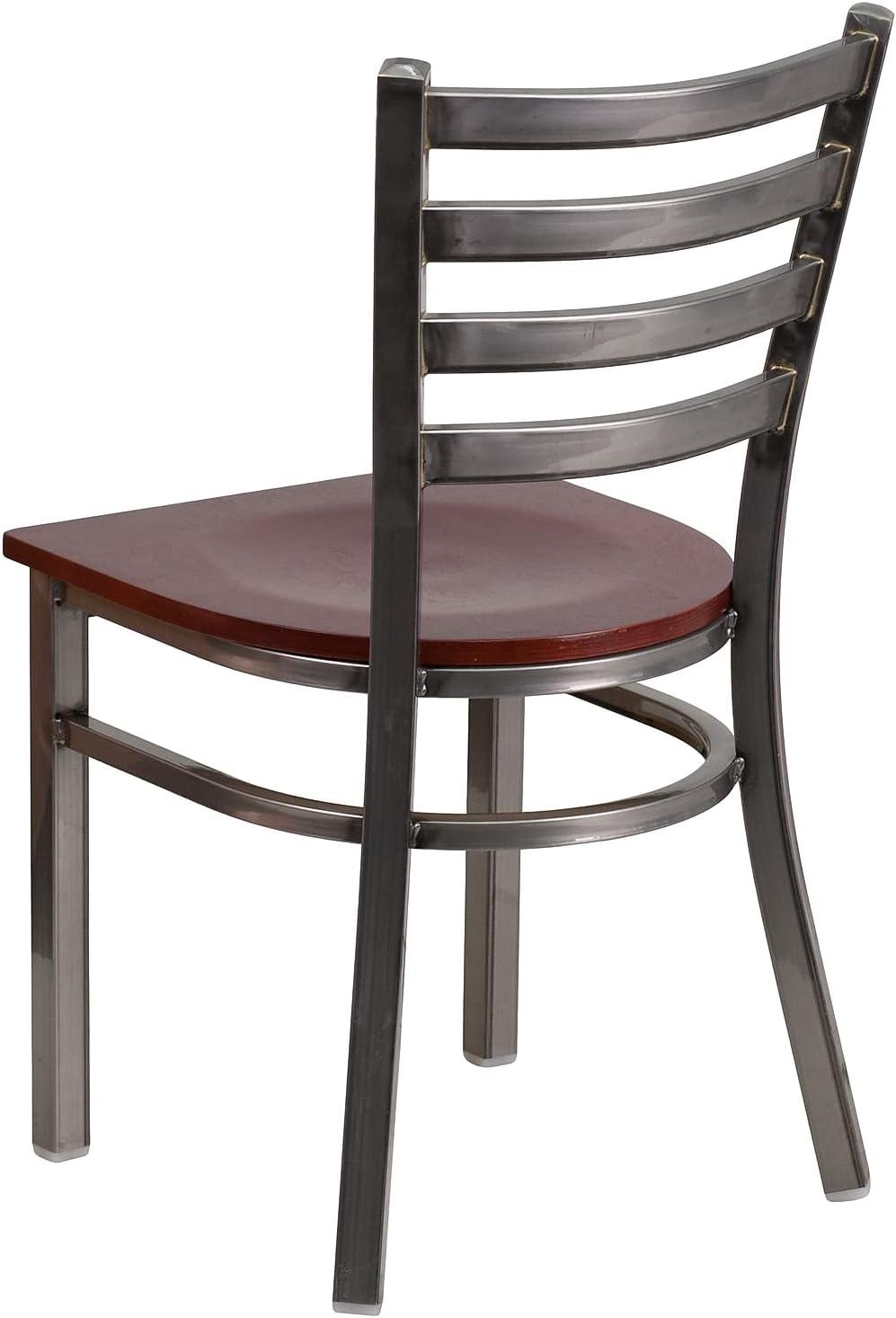 imageFlash Furniture 2 Pack HERCULES Series Clear Coated Ladder Back Metal Restaurant Chair Black Vinyl SeatMahogany Wood SeatClear Coated Metal Frame