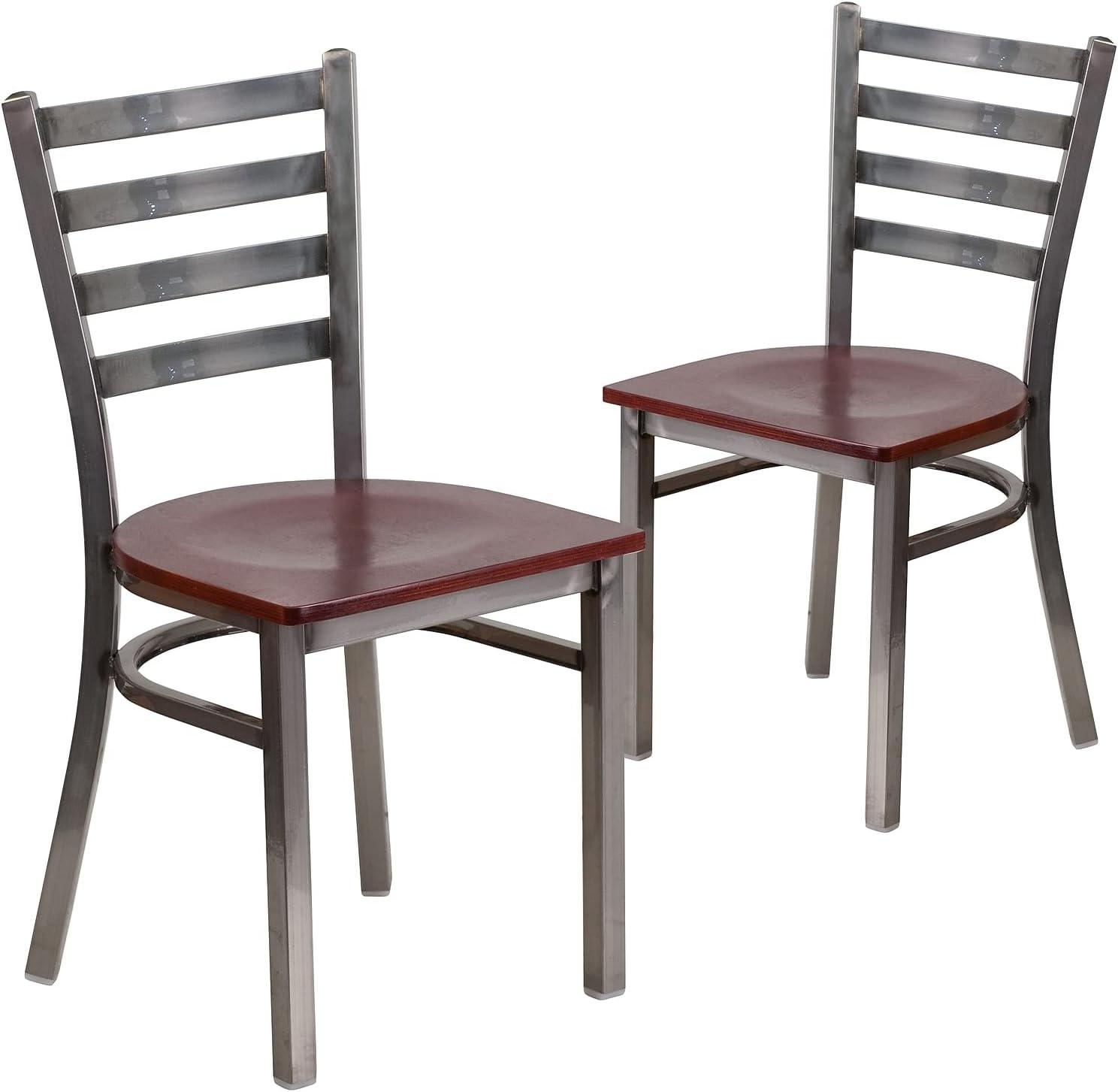 imageFlash Furniture 2 Pack HERCULES Series Clear Coated Ladder Back Metal Restaurant Chair Black Vinyl SeatMahogany Wood SeatClear Coated Metal Frame