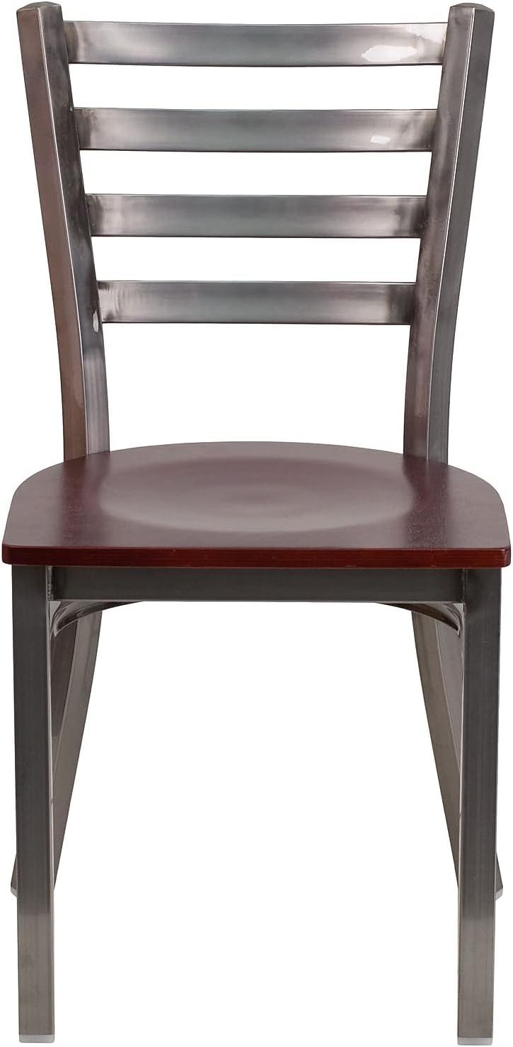imageFlash Furniture 2 Pack HERCULES Series Clear Coated Ladder Back Metal Restaurant Chair Black Vinyl SeatMahogany Wood SeatClear Coated Metal Frame