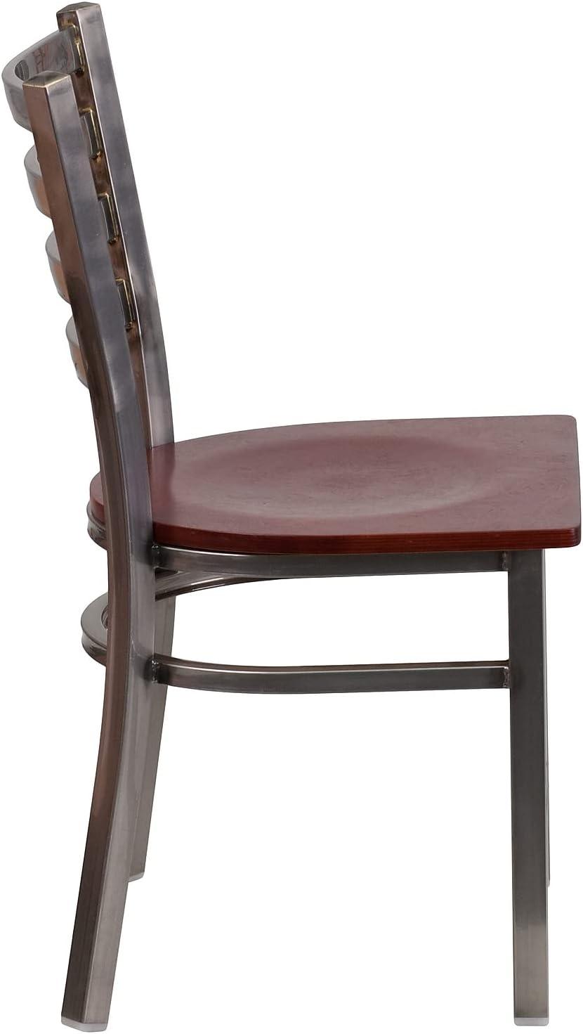 imageFlash Furniture 2 Pack HERCULES Series Clear Coated Ladder Back Metal Restaurant Chair Black Vinyl SeatMahogany Wood SeatClear Coated Metal Frame
