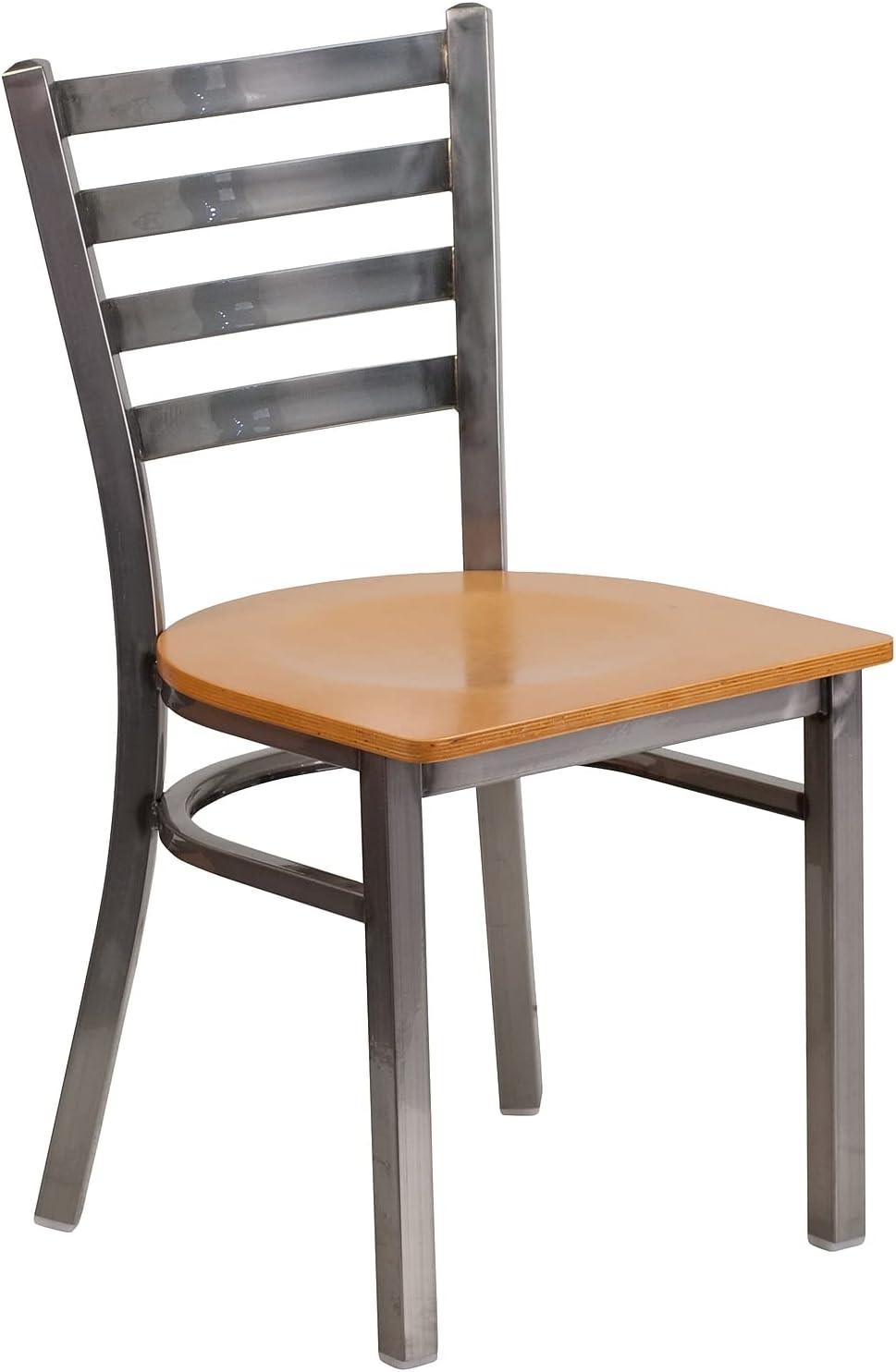 imageFlash Furniture 2 Pack HERCULES Series Clear Coated Ladder Back Metal Restaurant Chair Black Vinyl SeatNatural Wood SeatClear Coated Metal Frame