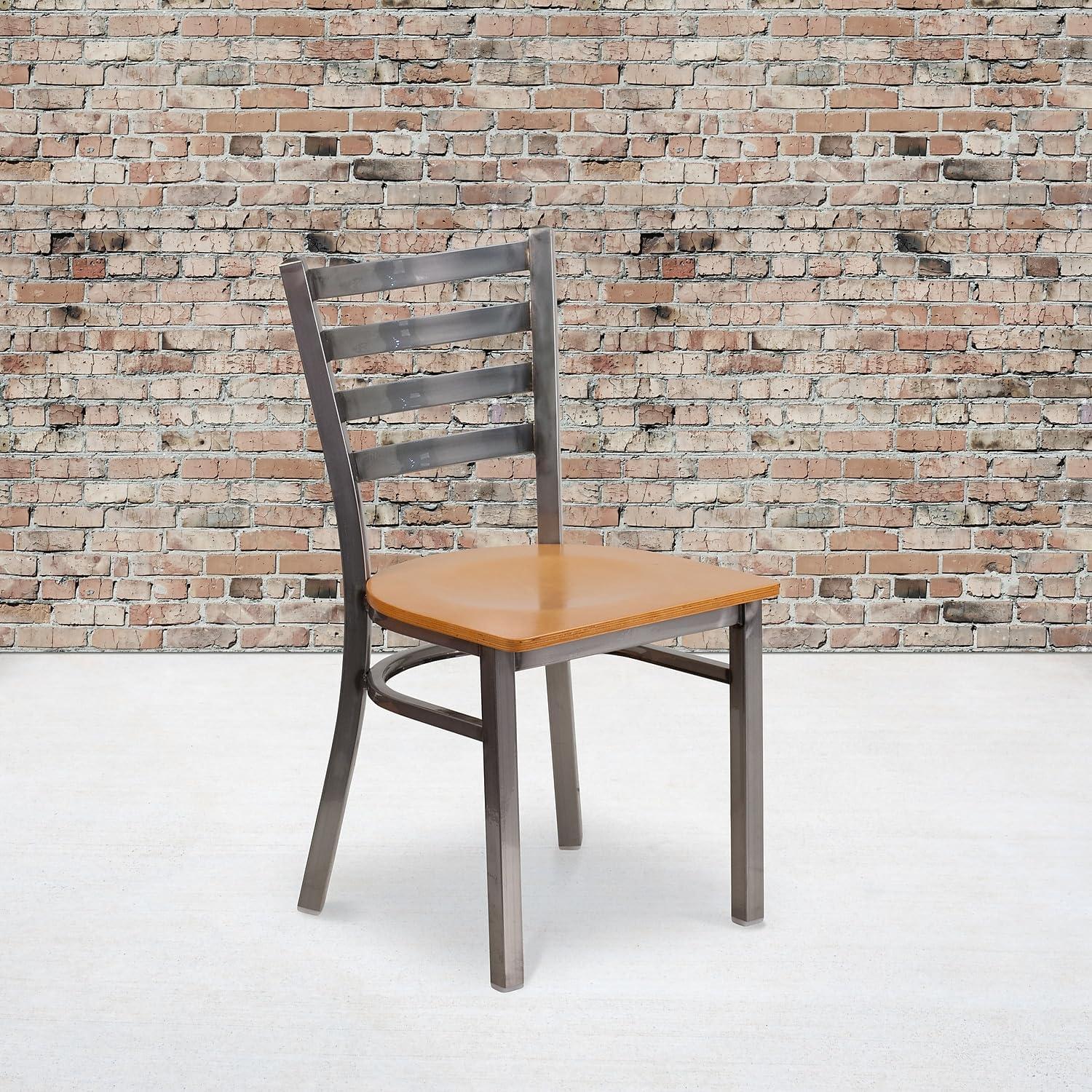 imageFlash Furniture 2 Pack HERCULES Series Clear Coated Ladder Back Metal Restaurant Chair Black Vinyl SeatNatural Wood SeatClear Coated Metal Frame