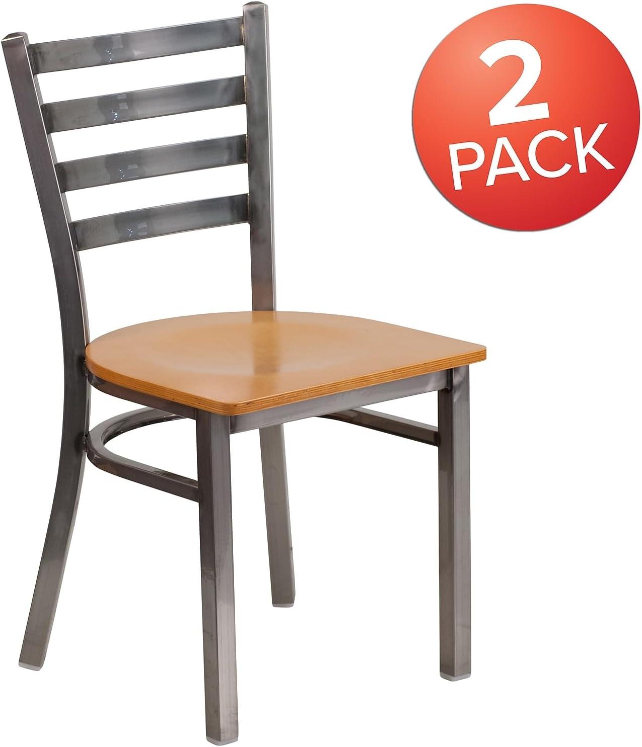 imageFlash Furniture 2 Pack HERCULES Series Clear Coated Ladder Back Metal Restaurant Chair Black Vinyl SeatNatural Wood SeatClear Coated Metal Frame