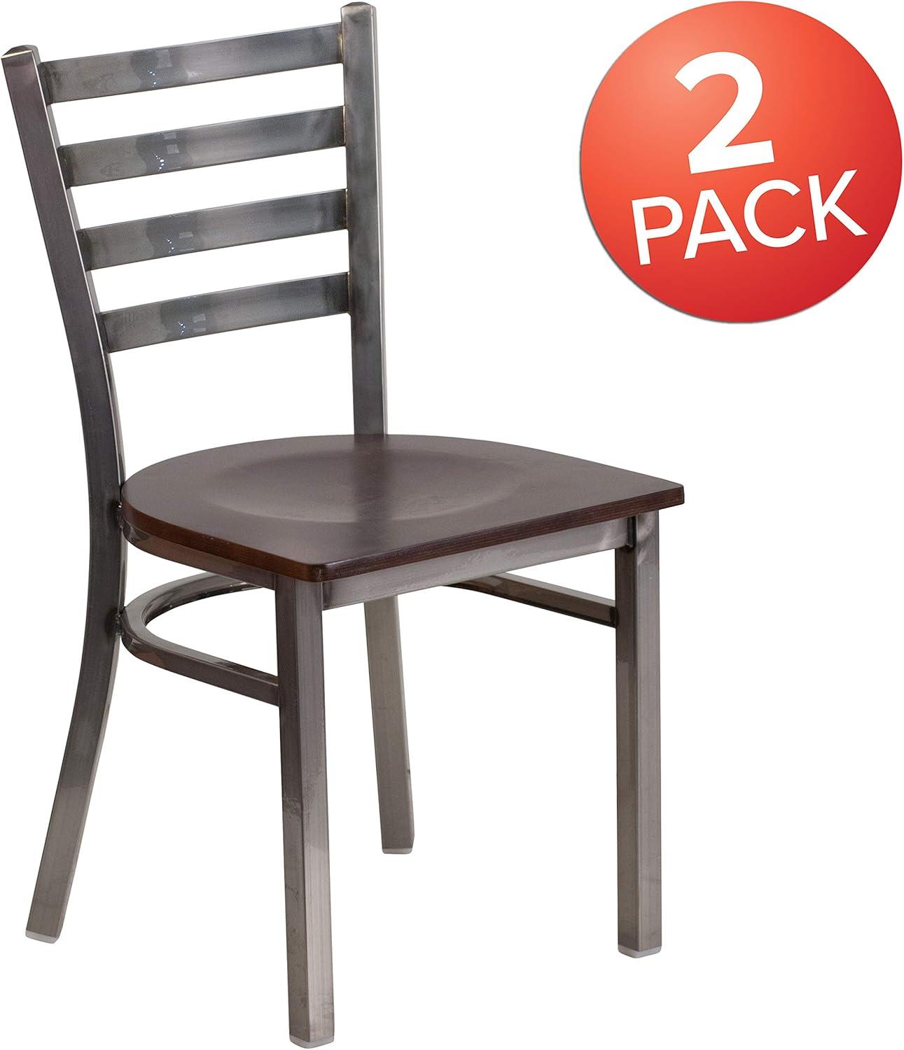 imageFlash Furniture 2 Pack HERCULES Series Clear Coated Ladder Back Metal Restaurant Chair Black Vinyl SeatWalnut Wood SeatClear Coated Metal Frame