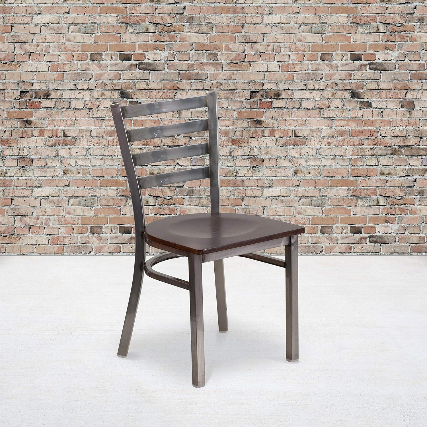 imageFlash Furniture 2 Pack HERCULES Series Clear Coated Ladder Back Metal Restaurant Chair Black Vinyl SeatWalnut Wood SeatClear Coated Metal Frame